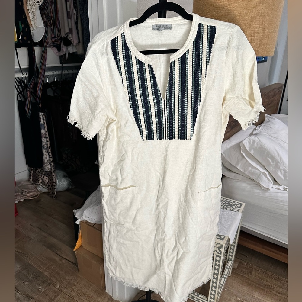 WORLD MARKET Women's White Blue Stitching Kaftan Dress - Small / Medium